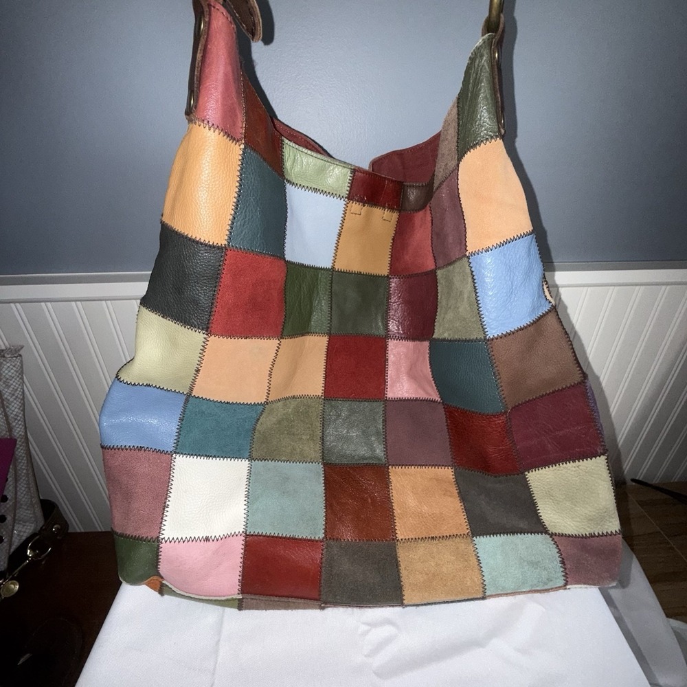 Lucky Brand Large Patchwork Leather Suede Hobo Shoulder Bag Purse Mika Abdalla - Picture 2 of 16